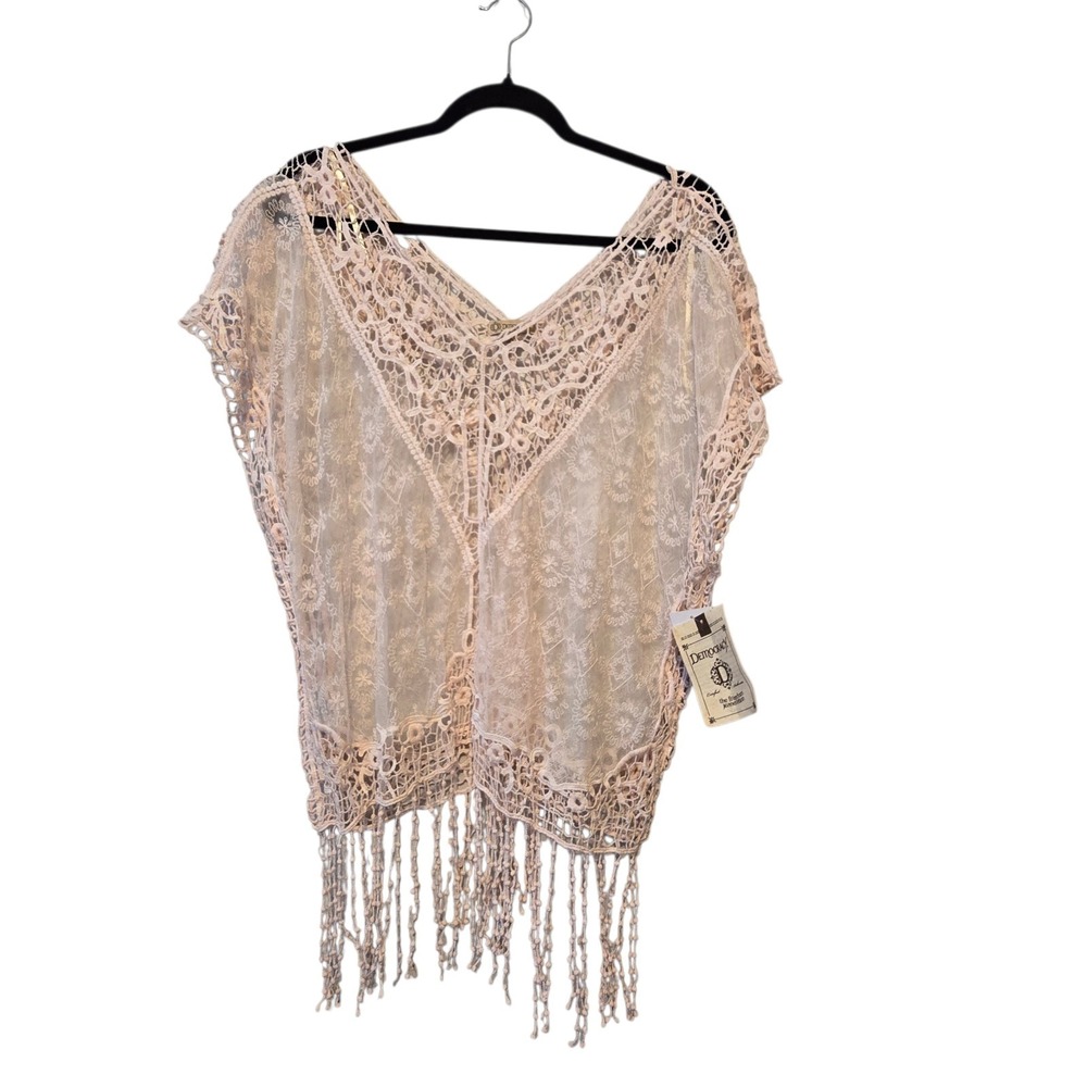 Democracy Lace Sheer Kimono Poncho Top Women's LG Pink Fringe Boho Cottagecore